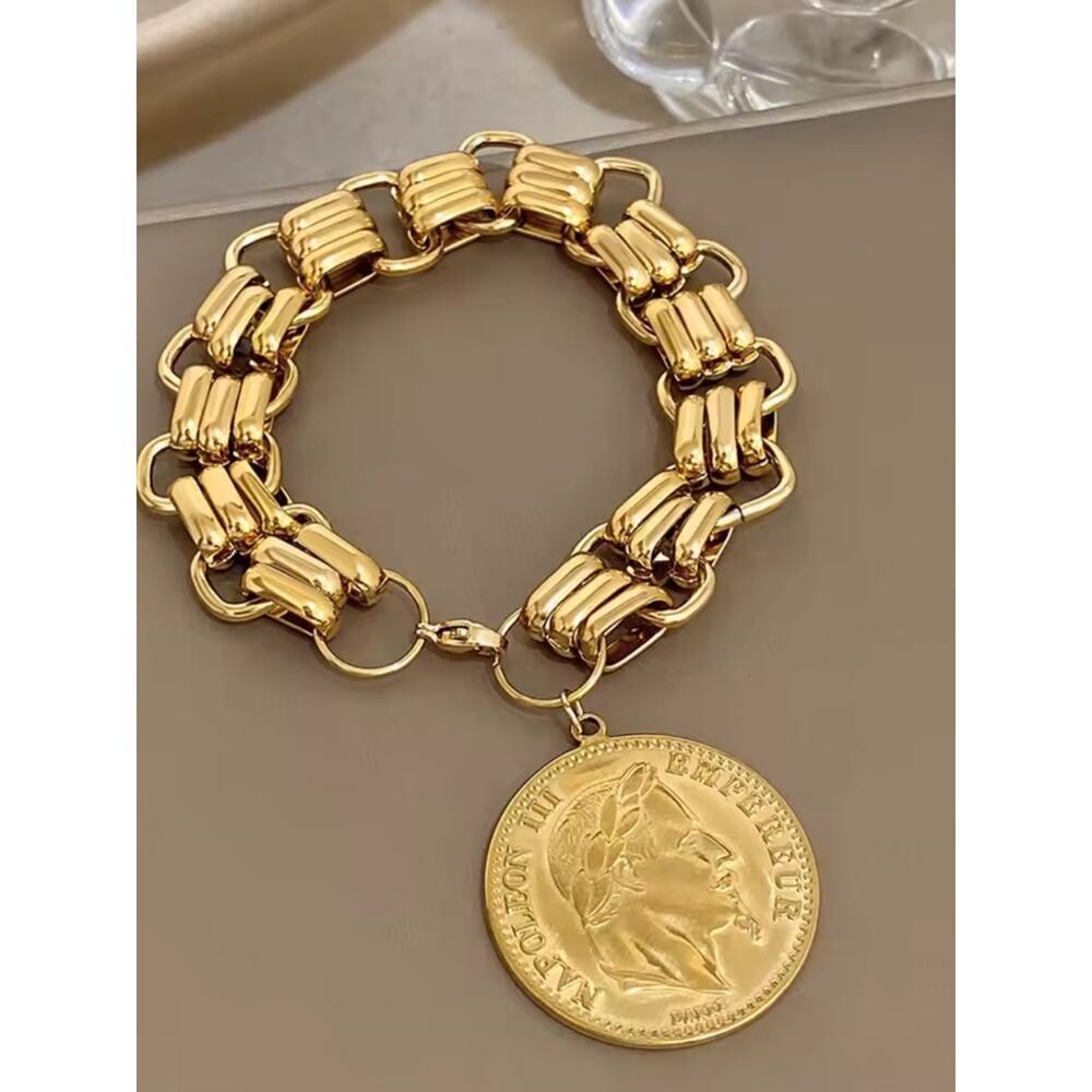 Gold Plated Napoleon Coin Bracelet Chain Link Roman Statement Stainless Steel - Picture 5 of 7